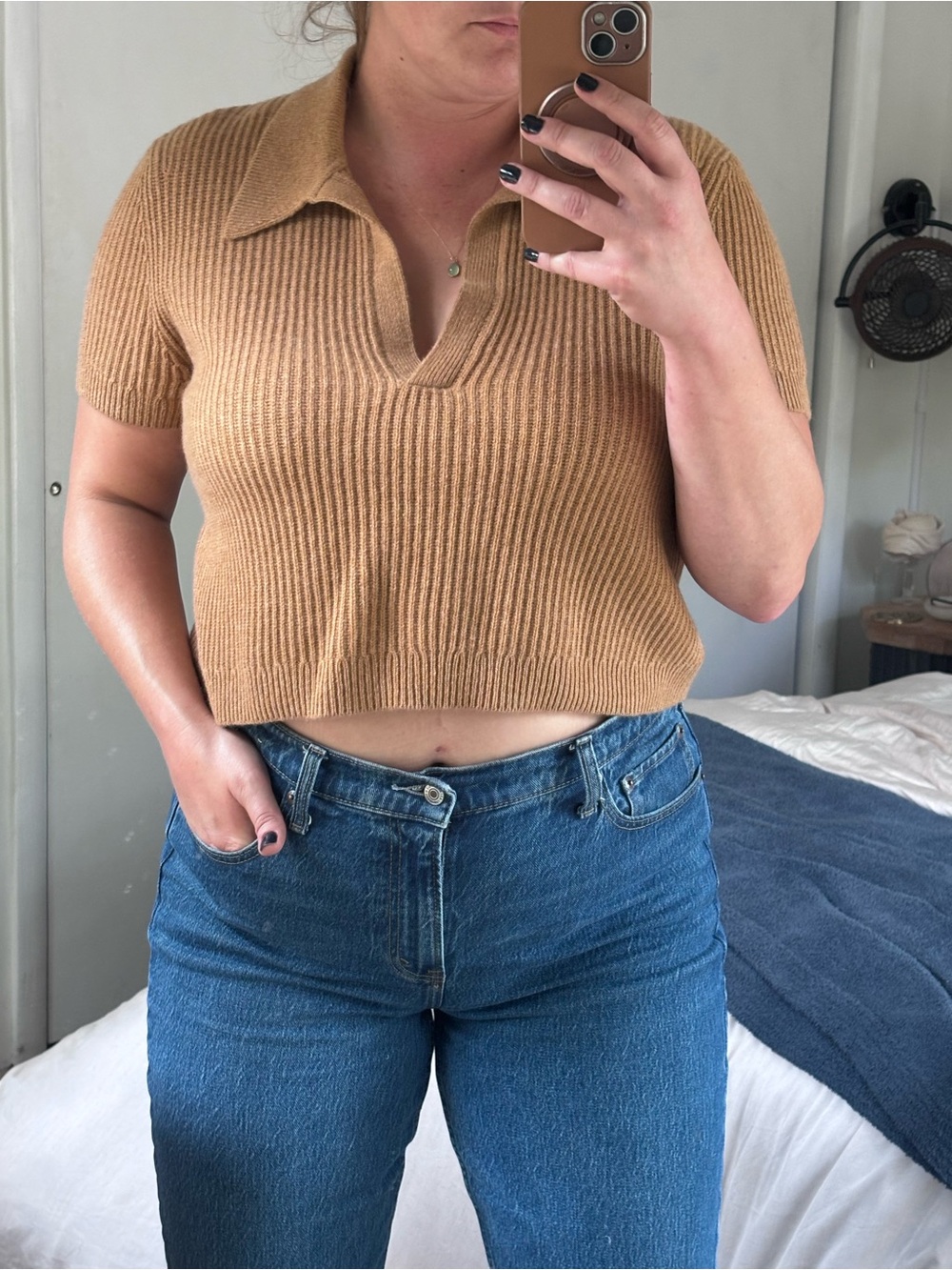 TWP 100% Cashmete Cropped Ribbed Polo Top in Camel